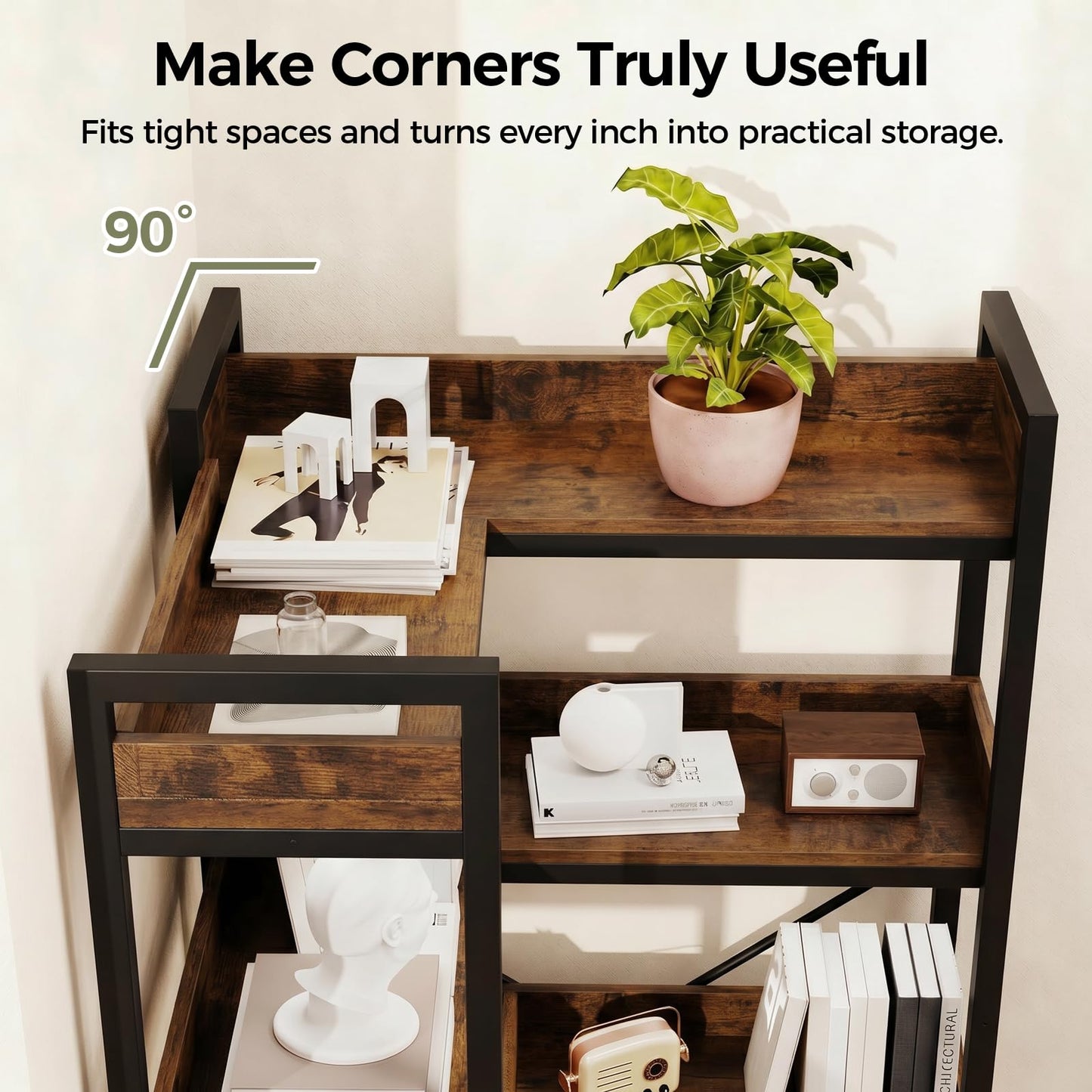 GTPLAYER 5-Tier Corner Bookshelf, L-Shaped Metal Frame Shelf with Tall 14" Shelves, Plant Stand and Storage Rack for Small Spaces, Living Room and Home Office, Brown