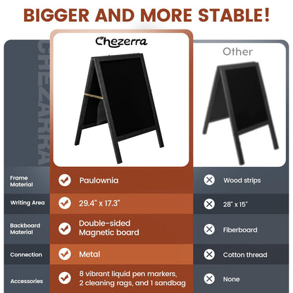 Chezerra A Frame Chalkboard Sign, 40"x20" Extra Large Sidewalk Chalk Board, Wooden Standing ChalkBoards Set with Markers, Double-Sided Magnetic Blackboard for Cafés, Weddings, Party Guide, Black