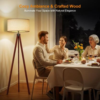 LEPOWER Wood Tripod Floor Lamp, Mid Century Standing Lamp, Modern Design Studying Light for Living Room, Bedroom, Study Room and Office, Flaxen Linen Shade with E26 Base Brown