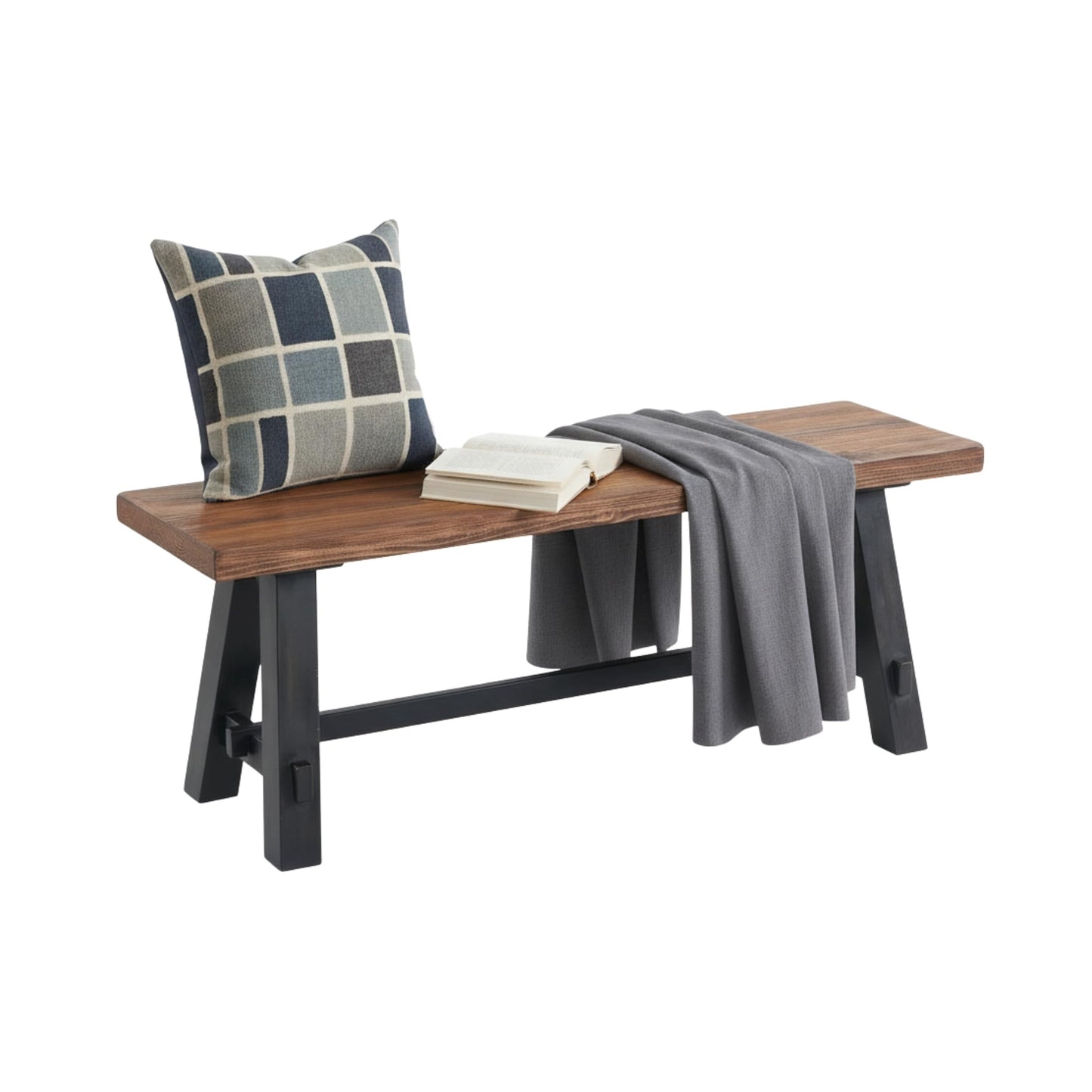 Adam 48-Inch Rustic Industrial Solid Wood Entryway Bench with Distressed Black Sawhorse Legs – Sturdy Accent Seating for Living Room, Mudroom, Dining Room, and Laundry Room by Alaterre Furniture