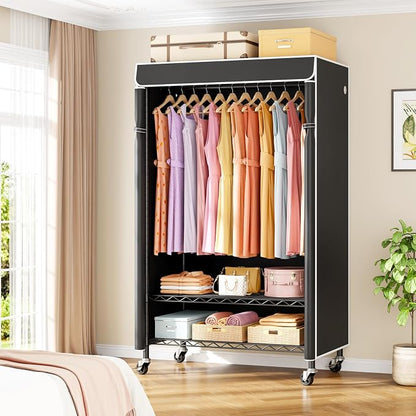 ULIFHOME P6C Rolling Clothes Rack with Cover, Covered Clothing Racks Heavy Duty, Portable Closet for Hanging Clothes, Garment Racks on Wheels, Black Closet Rack with Black Cover, Max Load 365LBS