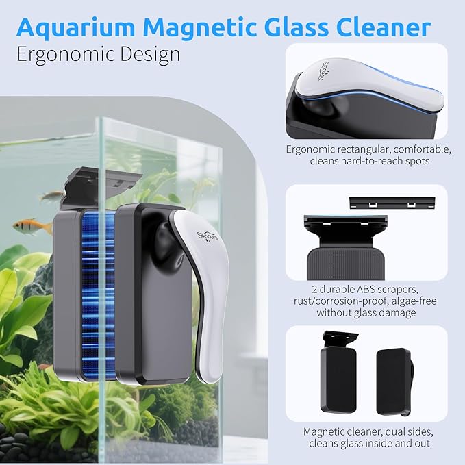 SEAOURA Magnetic Aquarium Cleaner, Dual-Sided Algae Scraper, Floating Anti-Scratch Magnetic Glass Brush for Freshwater & Saltwater Fish Tanks