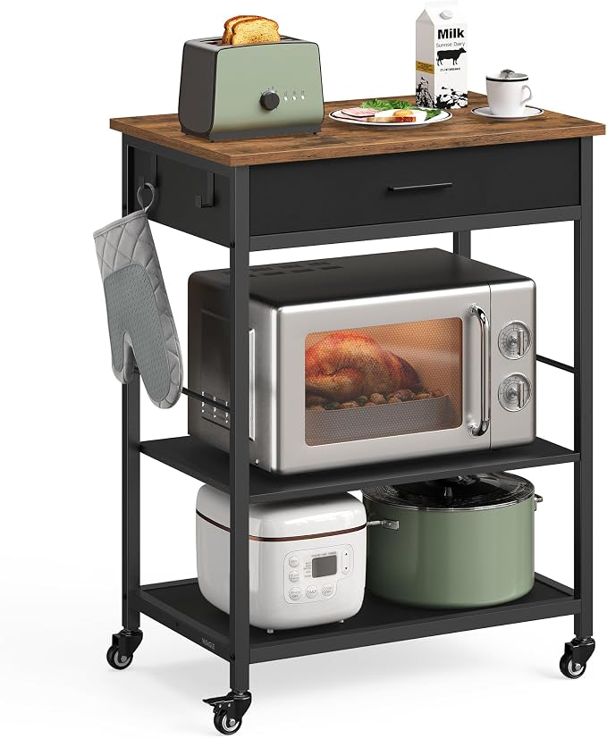 VASAGLE Kitchen Rolling Island, Mobile Kitchen Cart with Storage on Wheels, 17.7 x 23.6 x 35.4 Inches, Drawer, 2 Hooks, for Dining Room, Rustic Brown and Ink Black UKKI007KD01