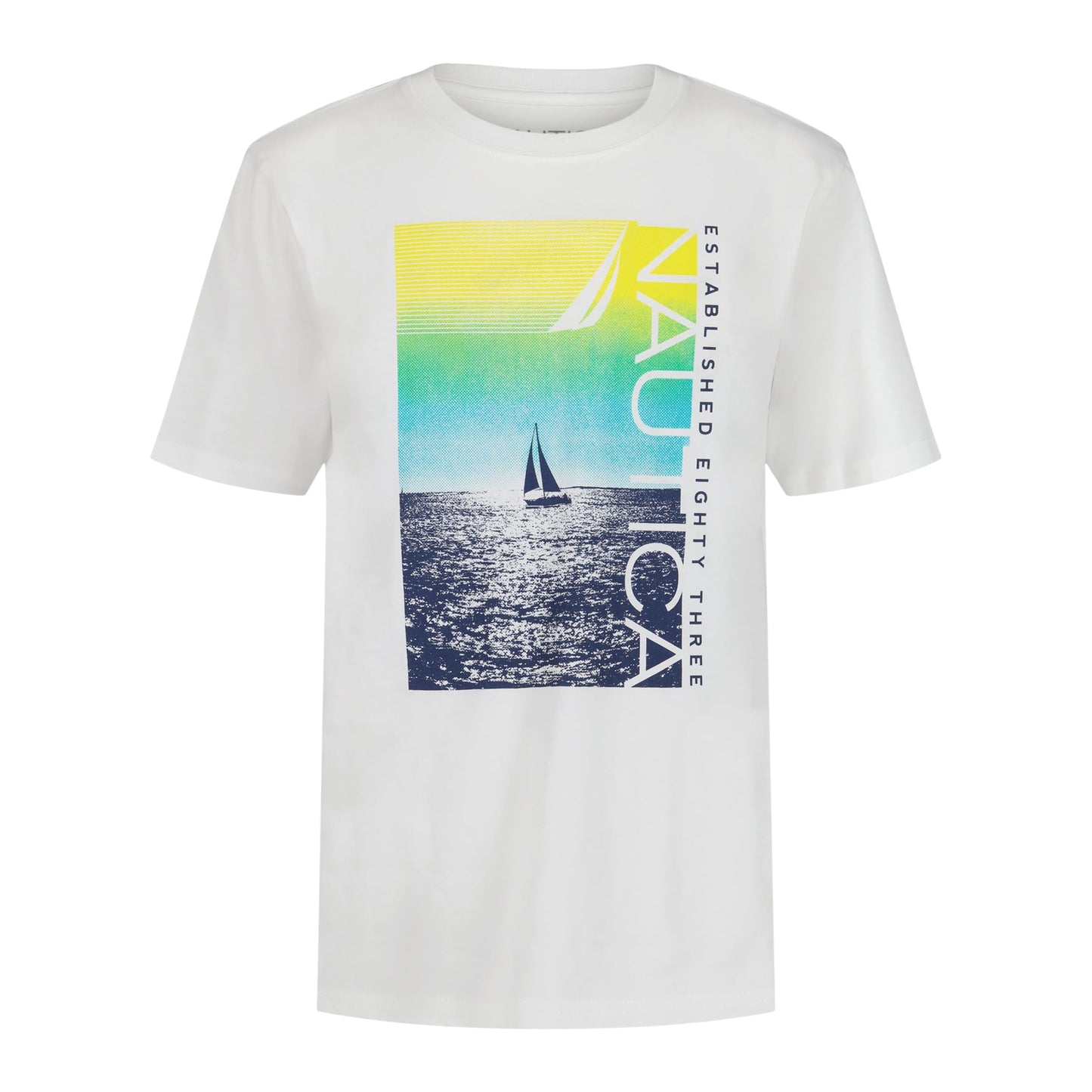 Nautica Boys' Short Sleeve Graphic Crew Neck T-Shirt, Soft, Comfortable, Relaxed Fit, Cruising Bright White