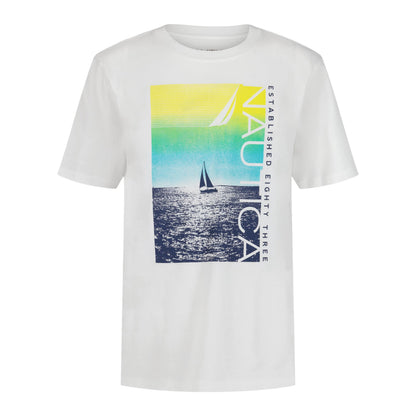 Nautica Boys' Short Sleeve Graphic Crew Neck T-Shirt, Soft, Comfortable, Relaxed Fit, Cruising Bright White