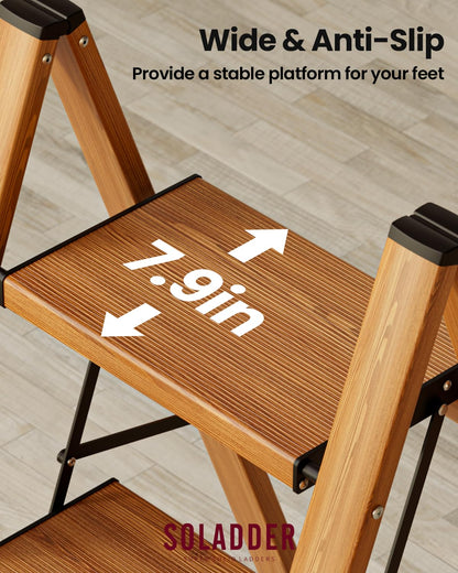 SOLADDER 3 Step Ladder, Folding Aluminum 3 Step Stool with Anti-Slip Wide Sturdy Pedal, Multi-Use for Home and Kitchen, Space Saving-Woodgrain(300 lbs Capacity)