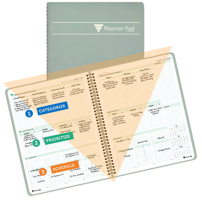 Planner Pad Spiral Bound July 2026 - June 2027 / Academic Year 6 3/4" x 8 1/2" Medium 3-Tier Funnel Down 12 Month Organizer, Greenish Grey Cover/Soft Green Ink