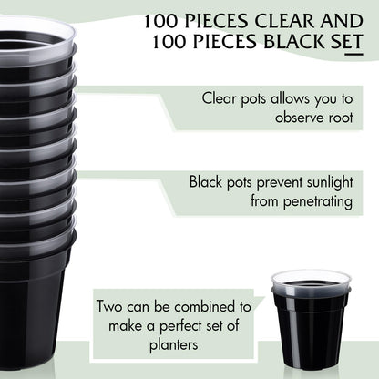 Sliner 200 Pcs 2 Inch Plastic Nursery Pot Mini Seedling Planter Flower Planting Pots Plastic Planters with Drainage Holes for Outdoor Indoor Flower, Starting Seedlings, Black, Clear