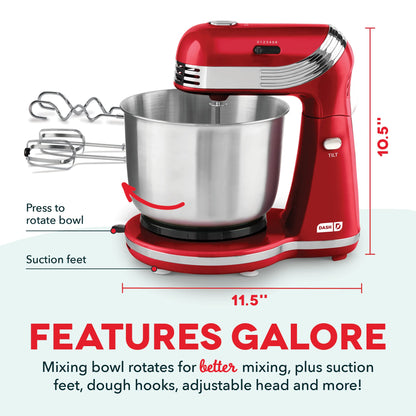 Dash Stand Mixer (Electric Mixer for Everyday Use): 6 Speed Stand Mixer with 3 Quart Stainless Steel Mixing Bowl, Dough Hooks & Mixer Beaters for Dressings, Frosting, Meringues & More - Pink