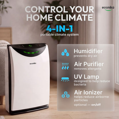 4 in 1 Humidifier and Air Purifier in One Large Room HEPA Air Purifier Humidifier Combo with UV Light, Whole House Large Room Cleaner Up to 1,035 Sq Ft