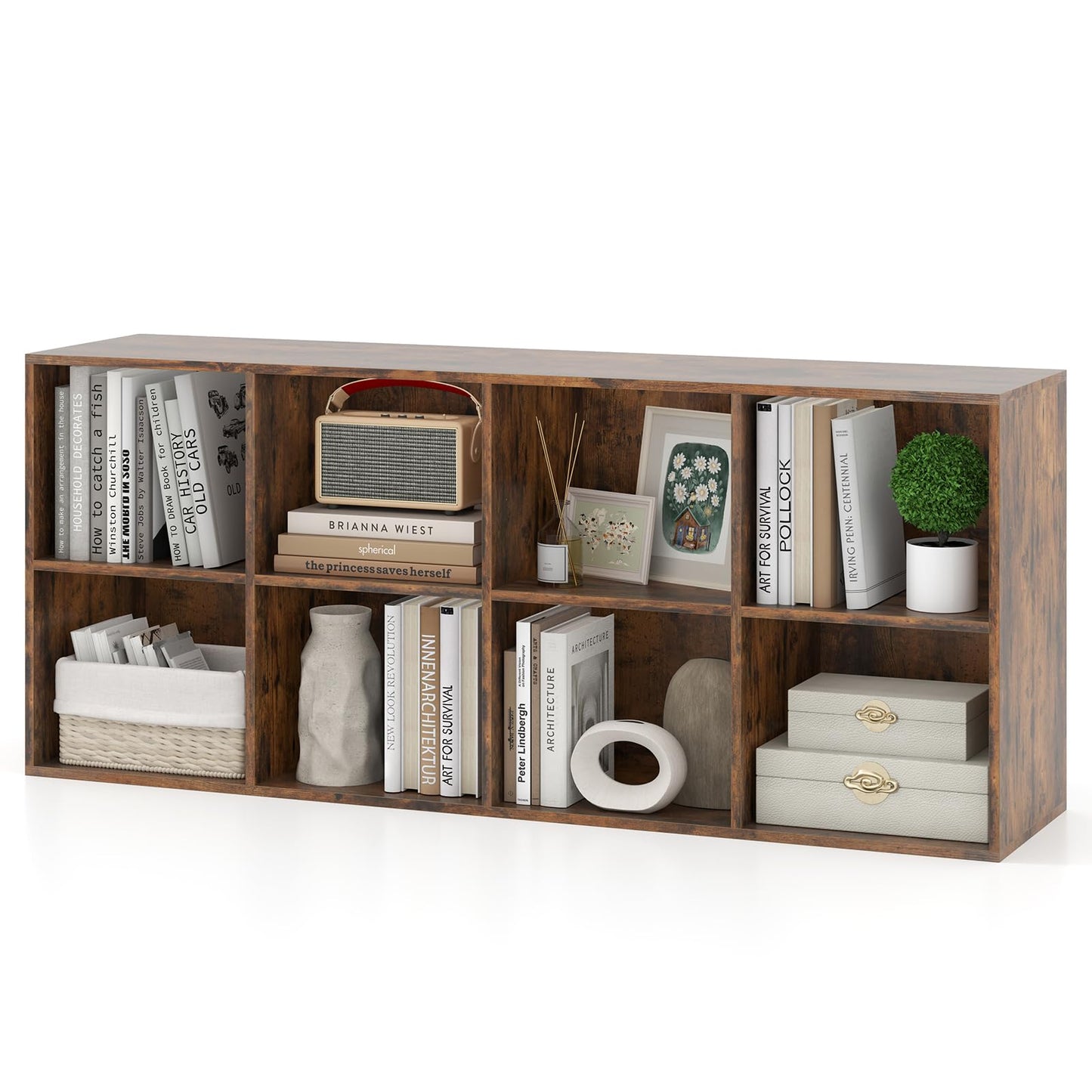 Giantex 8-Cube Bookcase, Floor Standing Bookshelf with Storage & 2 Anti-Tipping Kits, Open Storage Organizer, Cubby Wooden Book Shelf for Living Room, Study (Rustic Brown, 8-Cube)