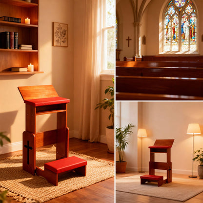 Fanwer Folding Prayer Bench for Home Use - Adjustable Wooden Kneeler for Prayer & Meditation, Compact Kneeling Altar with Bookshelf for Church, Chapel, or Personal Devotion