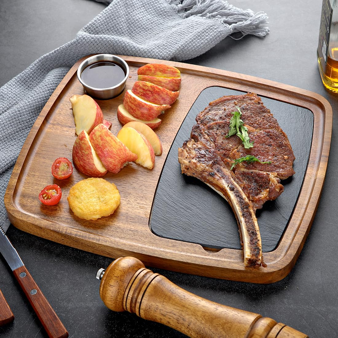 LiWiBet Acacia Wood Serving Plate with Sauce Cup & Removable Slate Insert for Meat Sausages Cheese, Steak Serving Tray Cutting Board Serving Platter Cheese Platter Perfect for Housewarming Christmas