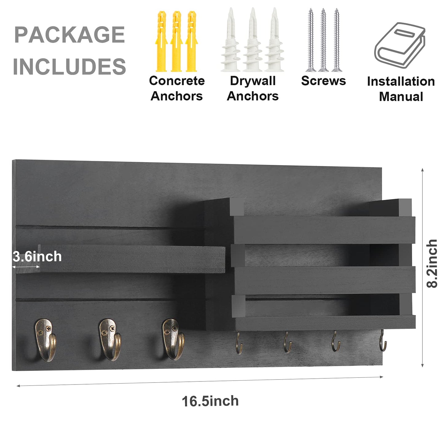 Lwenki Mail Organizer for Wall Mount – Key Holder with Shelf Includes Letter Holder and Hooks for Coats, Dog Leashes – Rustic Wood with Flush Mounting Hardware (16.5” x 8.7” x 3.5”)