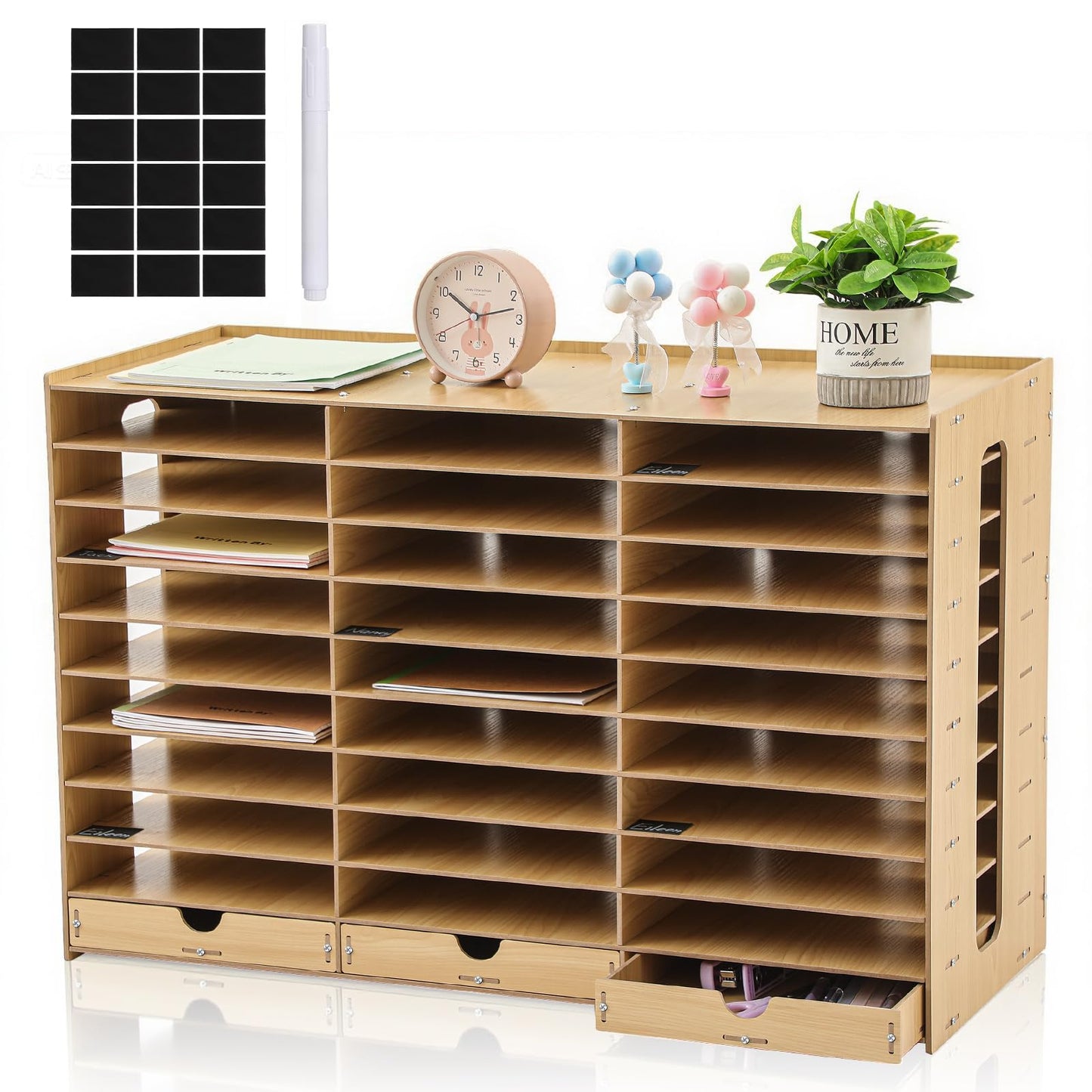 Colingmill Classroom Mailboxes Wooden Teacher Student Mailboxes for Classroom Literature Paper Organizer Compartments with Drawers, Sturdy Ease Setup for Home Office School(30 Slots)