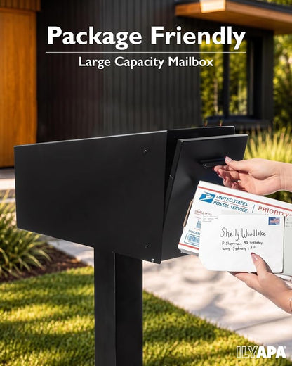 Ilyapa Modern Angle Design Post Mount Modern Mailbox - Black Exterior Powder Coated Steel, All Weather & Corrosion Resistant, Stainless Steel Hinges