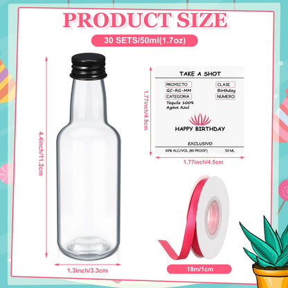 Jingmore 30 Pack 1.7oz Mini Liquor Bottles 50ml Plastic Alcohol Bottle with Cap, Labels, Ribbon for Party Supplies(Birthday,Hotpink)