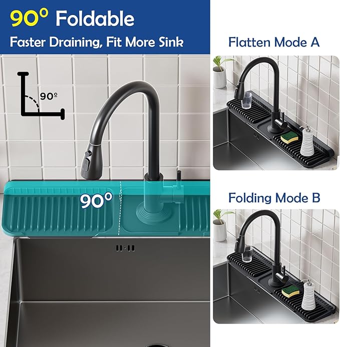 24"Longer Silicone Faucet Mat For Kitchen Sink Splash Guard -7° Slope Snap