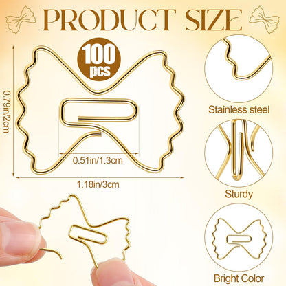 Jetec 100 Pcs Pasta Paper Clip Mini Bow Shaped Stainless Steel Cute Bowknot Paperclips Gold Metal Fancy Decorative Bookmark Bulk for Office Stationery School Document Note Sorting Wedding Baby Shower