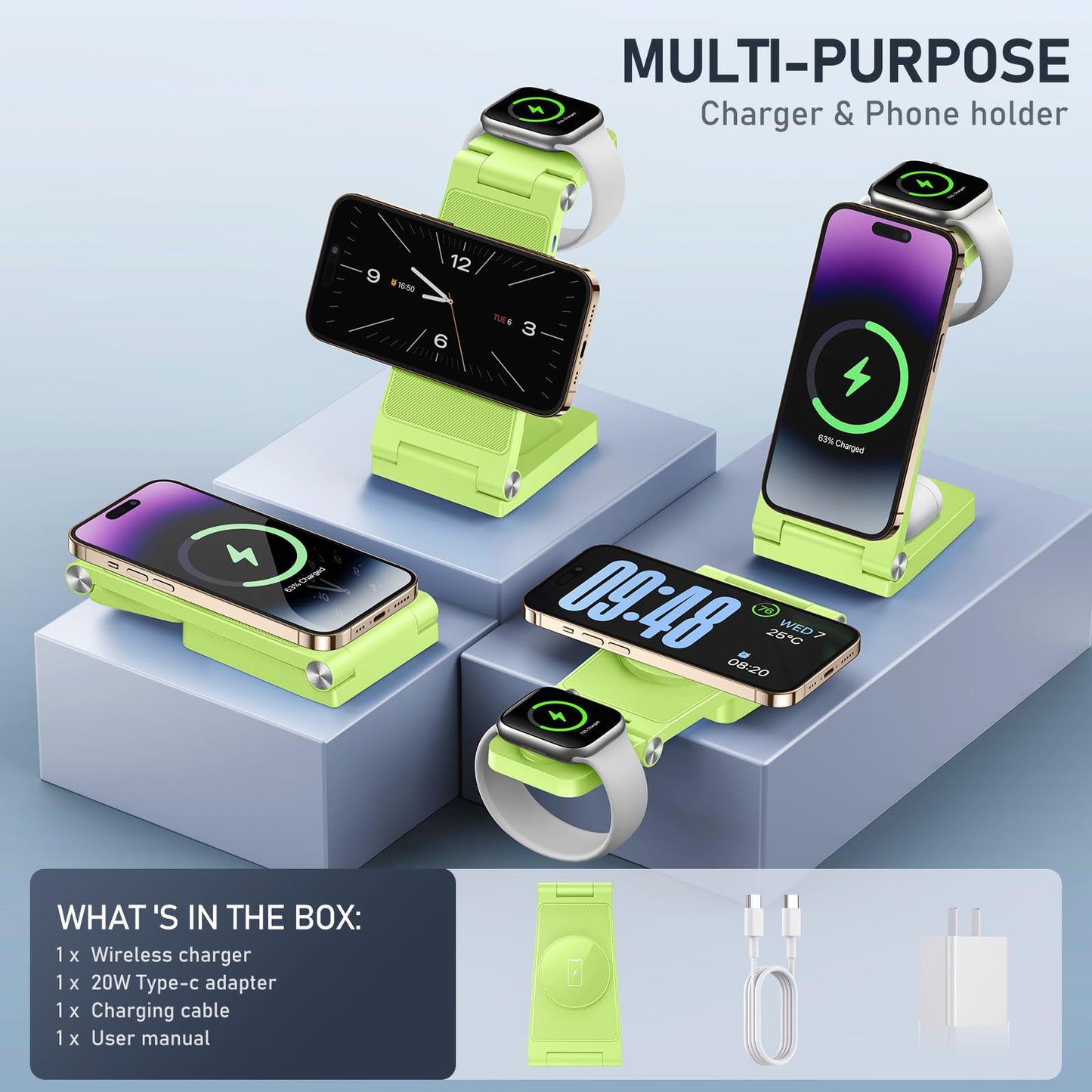 Magnetic Wireless Charger Stand, 3 in 1 Foldable Wireless Charging Station with 20W Adapter, Travel Charger for Multiple Devices for iPhone 17 16 15 14 13 12 Pro/Max/Plus/Mini, iWatch, AirPods