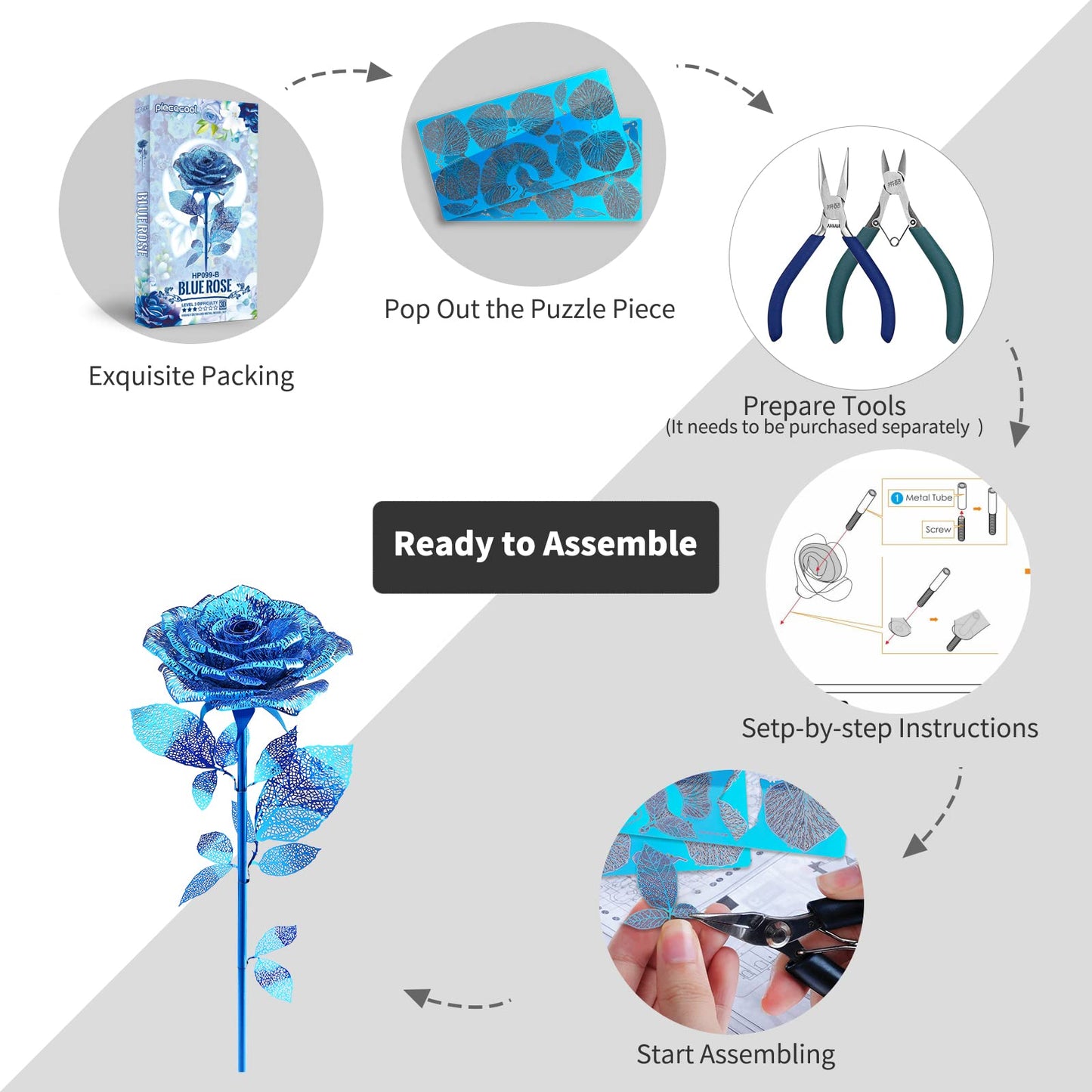 Piececool 3D Metal Puzzles Rose Flower Model Kits, Artificial Fake Flowers Metal Building Blocks DIY 3D Puzzle for Adults, for Father Mothers Valentines Day, 15Pcs