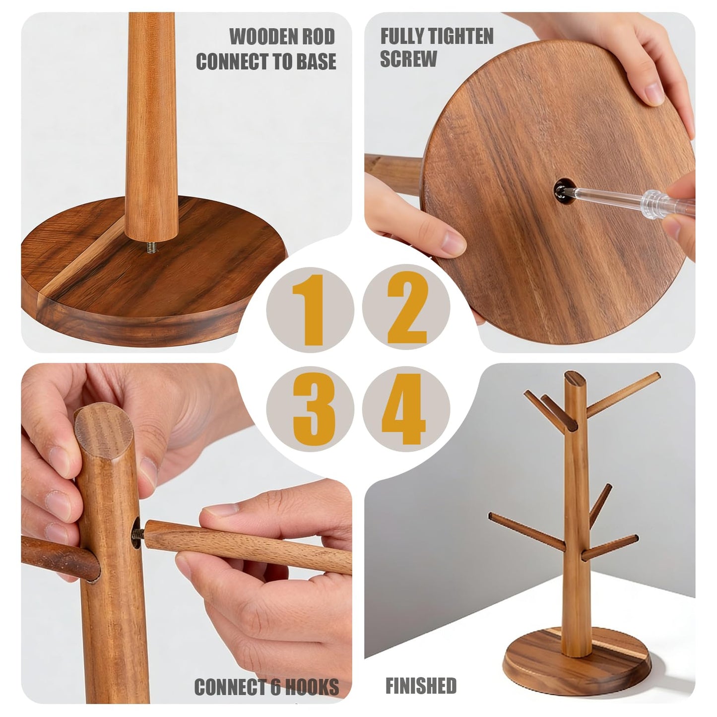 Onedeful Mug Holder Tree, Acacia Wood Mug Rack with Stable Base, 6-Hook Mugs Stand for Tea & Coffee Cups, Kitchen Countertop & Coffee Bar Organizer