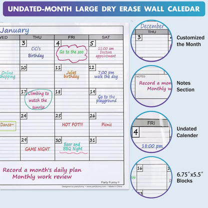 Dry Erase Monthly Extra Large White Board Calendar for Wall, 38" by 50", Jumbo Laminated Erasable One Month Whiteboard Calendar, Huge Oversized Blank 30-Day Poster with Lines and Squares