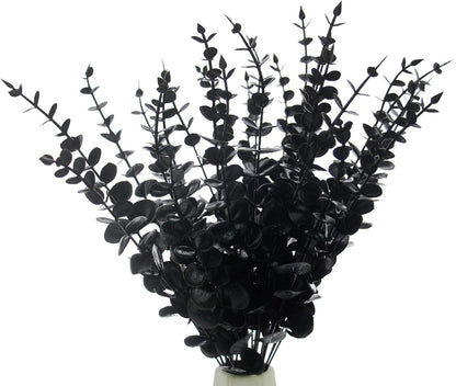 Tinsow 26 Pcs Black Artificial Eucalyptus Stems Faux Halloween Flowers Eucalyptuses Real Touch Leaf Centerpiece Home Decor (26, Black)