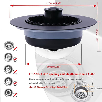 Kitchen Sink Drain Strainer 3 in 1, 304 Stainless Steel Pop Up Sink Stopper