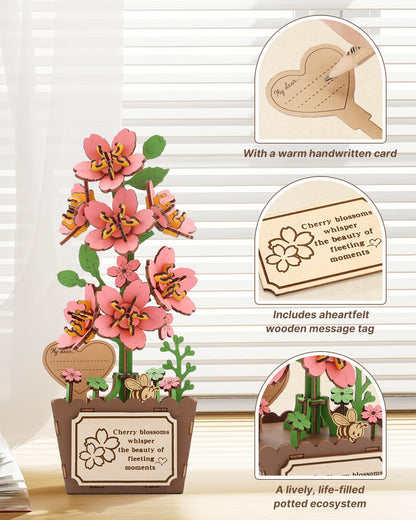 KAAYEE 3D Puzzles for Adults Cherry Blossom Potted, 119 Pcs Wooden Puzzle DIY Handcraft Kit, Romantic Pink Flower Home Office Decor, Gift for Lovers Couples on Anniversary Birthday Valentine's Day