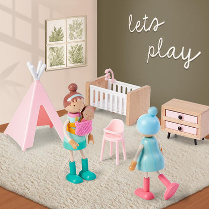 Giant bean 36pcs Wooden Dollhouse Furniture Set with Dolls for 5 Rooms, Wood & Plastic Pink Dollhouse Accessories Pretend Play Furniture Toy Christmas Birthday Gift Toy for Kids Boys Girls Toddler 3+