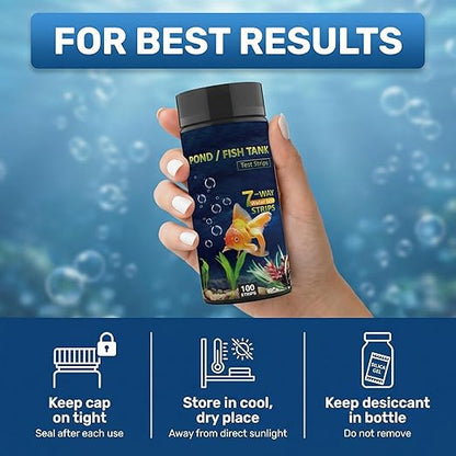 7-in-1 Pond & Fish Tank Test Strips - 100 Count | Fast 30s Water Test Kit for Carbonate, pH, Hardness, Chlorine, Nitrate, Nitrite | Freshwater & Saltwater Aquariums
