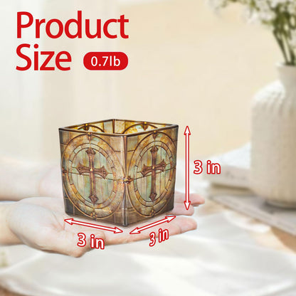 Square Glass Vanity Organizer Religious Cross Altar Ofrenda Qtip Holder Makeup Brush Holder Pen Cup Tealight Candle Holder Table Decor Green