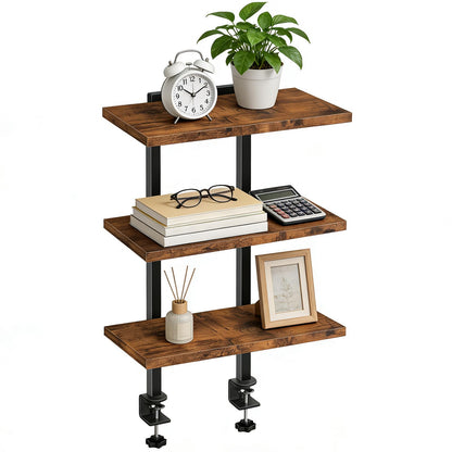 MAHANCRIS Clamp On Desk Organizer, 3-Tier Desktop Bookshelf, Adjustable Desk Storage Shelf, Metal Frame, for Office, Study and Game Room, Rustic Brown DSHR3601