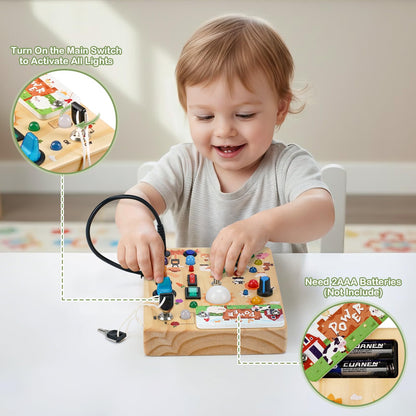 Sanlebi LED Busy Board for Toddlers 1-3,Montessori Toy with Key Switch, Light Up Wood Activity Sensory Board for Fine Motor Skills, Educational Travel Toy Gift for 1 2 3 Year Old Boys Girl