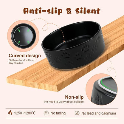 SPUNKYJUNKY Ceramic Elevated Dog Bowl Set with Acacia Wood Stand for Food and Water for Medium Dogs (42.27 OZ, Black, Dog Paw Pattern)