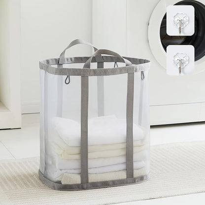 Mesh Laundry bag with Handles, 42L Collapsible Laundry Basket with 2 Hooks