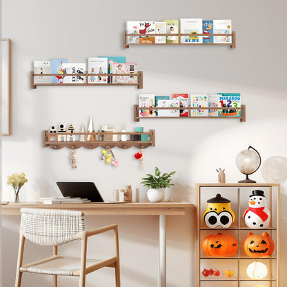 Dixryaus 34Inch Nursery Book Shelves Wall Mounted, Floating Book Shelf for Kids Coat Rack with 6 Hooks, Wall Hanging Shelf for Baby Nursery Room Organizer ，Patent Number:US-D1058229-S(4, Light Brown)