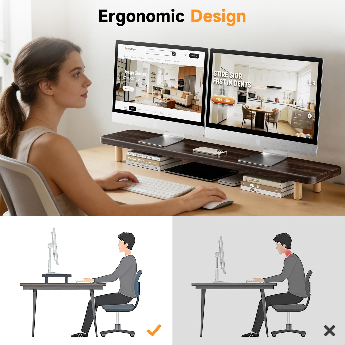 Dual Monitor Stand Riser, 39 Inch Extra Long Wooden Desktop Monitor Riser with Storage for 2 Monitors Ultra Strong Desk Shelf Organizer Riser Ergonomic for 2 Screens/Laptop/PC/TV/Printer (Dark Walnut, 39inches)