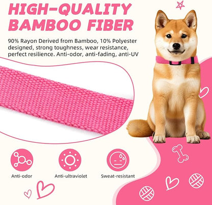 Rose Pink Dog Collar and Leash Set for Small Dogs, Breathable, Anti-Odor & Soft, Comfortable for Sensitive Skin Puppies, 90% Bamboo Rayon, Adjustable Quick-Release Buckle Pet Collar for Chihuahuas