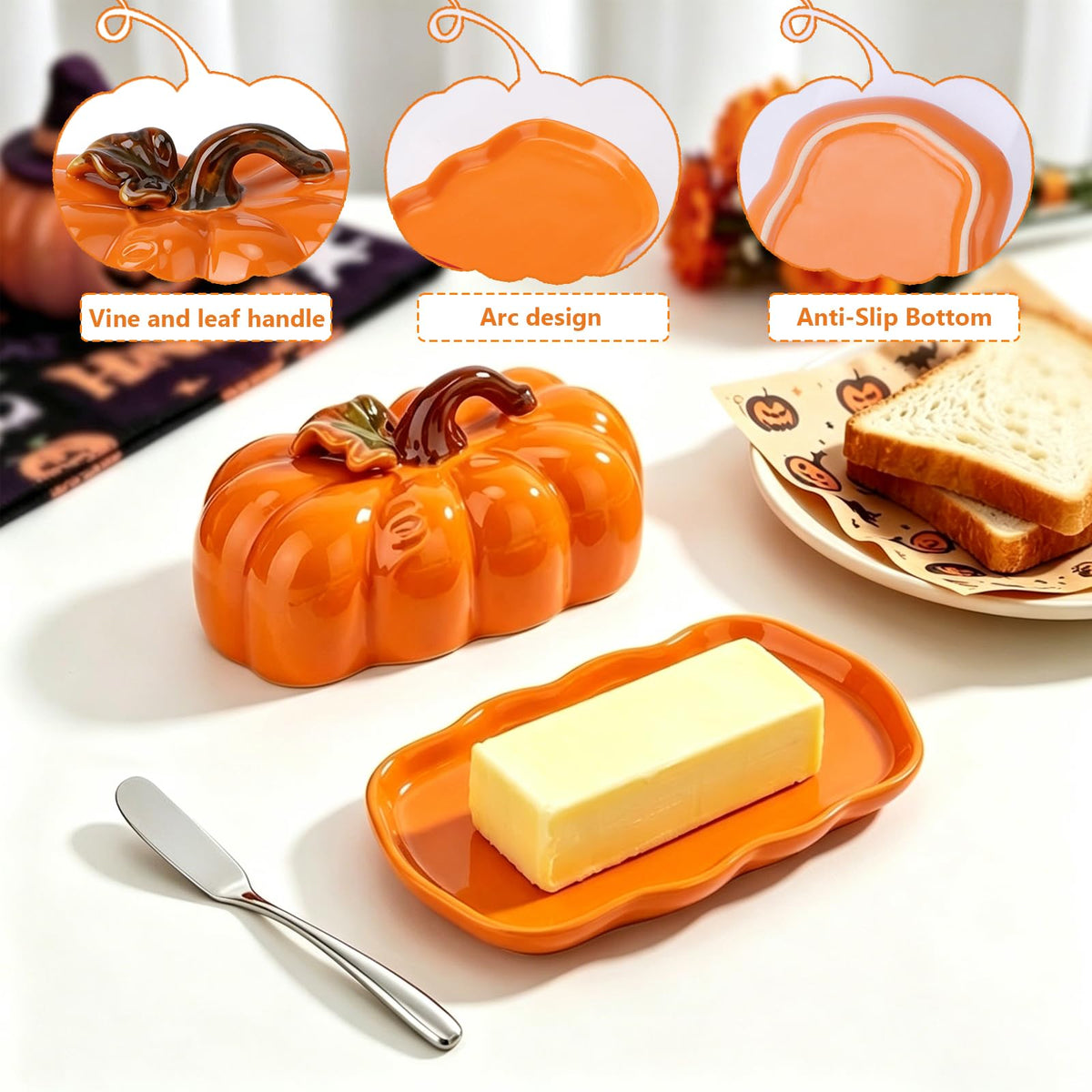 FTNESGYM Butter Dish with Lid for Countertop, Ceramic Cute Pumpkin Butter Container, Serving Tray with Cover, Decor Dinnerware for Halloween Thanksgiving Pumpkin Party (Orange)
