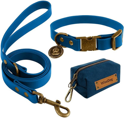 Wisedog Waterproof Dog Collar and Leash Set, XL, Blue | Adjustable Puppy Collar, Cute Tag, 6FT Dog Leash, Poop Bag Included, Small Medium Large Dogs