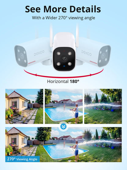 DEKCO Outdoor Security Camera 2K Pan Rotating 180° Wired WiFi Cameras for Home Security with Two-Way Audio, Night Vision, 2.4G WiFi, IP65, Motion Detection Alarm (2 Pack)