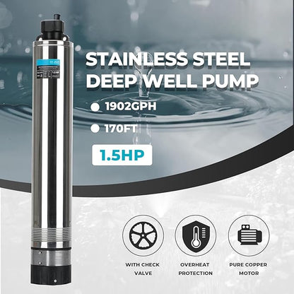 LEO 1.5HP Shallow Deep Well Pump 170FT Head, 1902GPH w/72.2FT Power Cord 115V, Stainless Steel, Shallow Well Pump for Home, Irrigation Low Noise