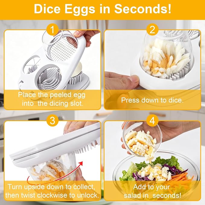 3-in-1 Egg Slicer for Hard Boiled Eggs& Egg Cutter, 304 Stainless Steel Cutting Wire, Heavy Duty Chopper & Dicer with Removable Catch Container –Multipurpose tool, Slices, Wedges, and Dices