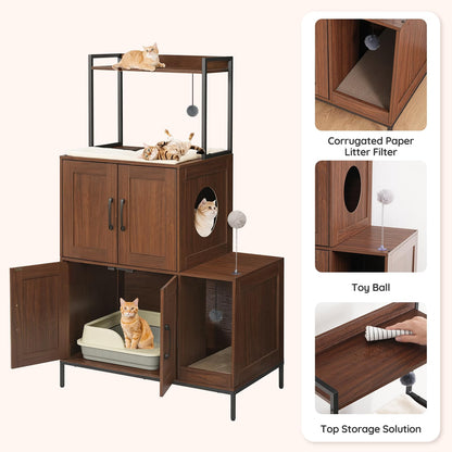 HOOBRO Litter Box Enclosure, Litter Box Furniture with Storage, 2-in-1 Hidden Cat Furniture with Shelf, 2 Dangling Plush Balls and 1 Toy Ball, Large Wooden Cat Washroom, Walnut WL78MW01