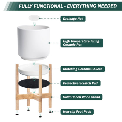 D'vine Dev Ceramic Planter with Natural Stand - 12 Inch Modern Round Flower Pot with Wood Planter Holder, White, 55-B-J-1
