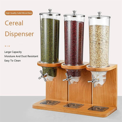 Litelogy Cereal Dispenser with Wooden Base, 3 Barrels Airtight Dry Food Container, 4L Each Countertop Organizer for Oats, Grains, Nuts, Beans, Rice