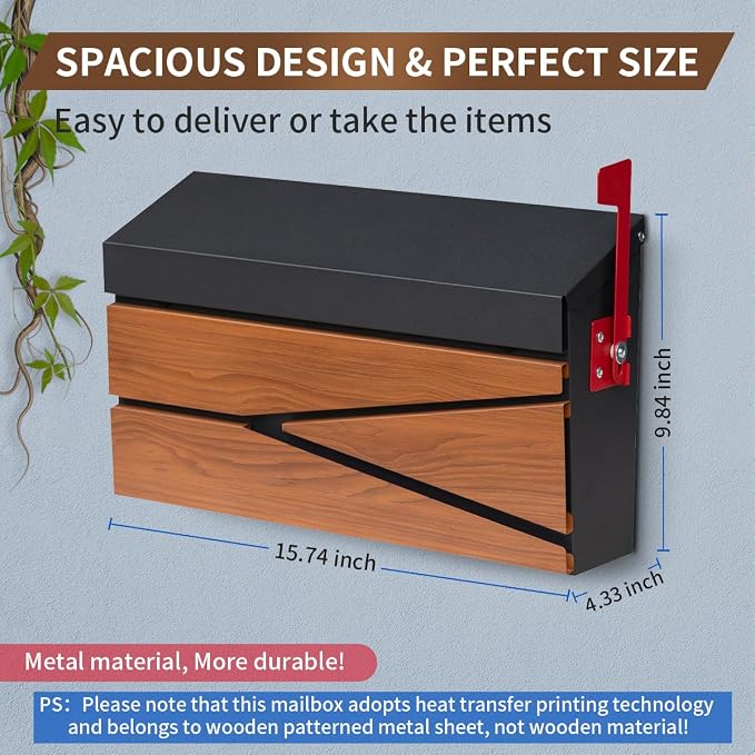 Ydocabinit Wall Mount Mailbox, Large Capacity Mailbox for House, Flag Kit, Galvanized Steel Rust-Proof Metal Post Drop Box, Mailboxes for Outside, 15.74"×9.84"×4.33", Wooden Patterned Metal Sheet