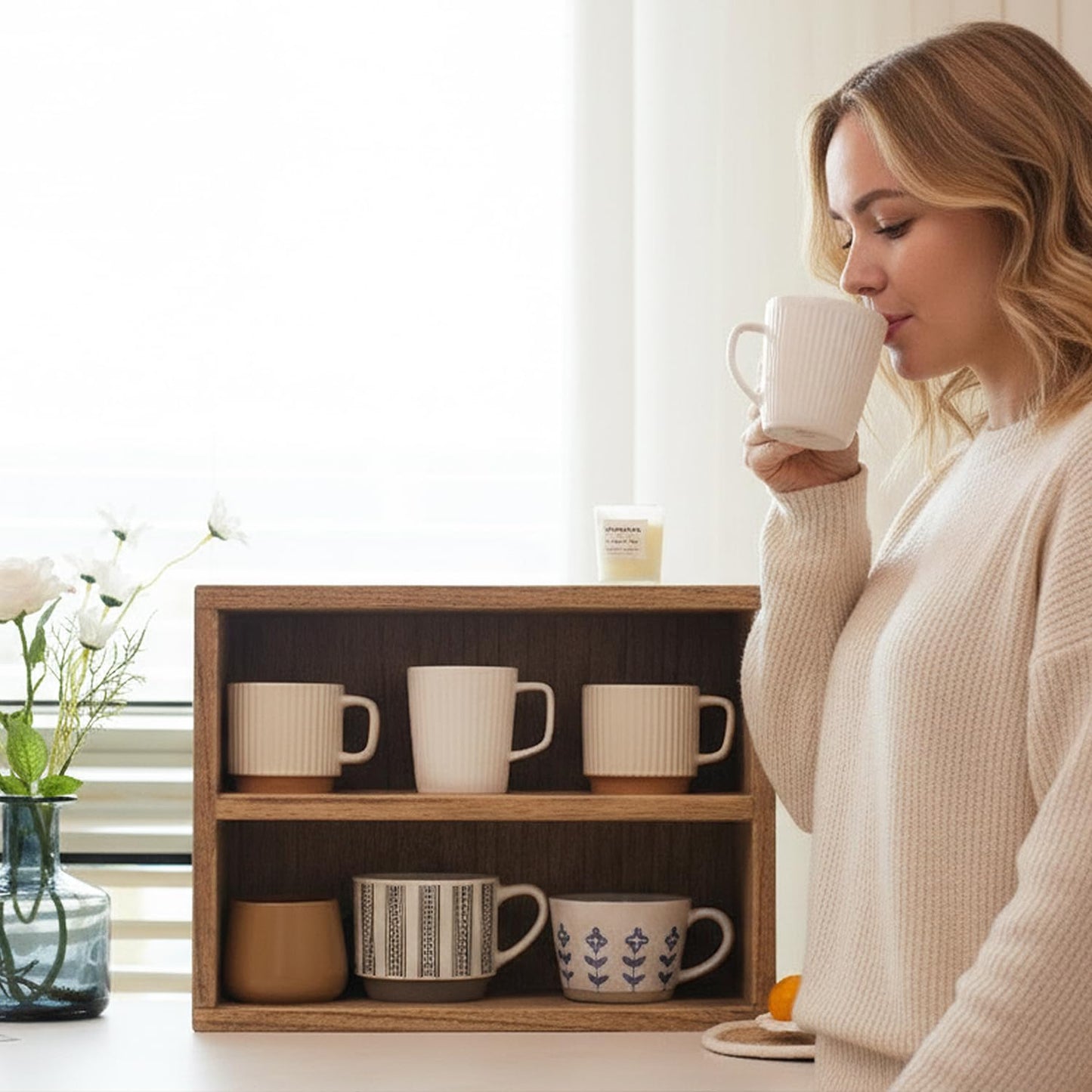KIRIGEN 2-Tier Wooden Storage Cabinet, Solid Wood Kitchen Counter Organizer, Multi-Functional Storage Shelf for Mugs, Spices, Cosmetics, Coffee, Figure, Home Accessories Storage Rack BZG-DBR